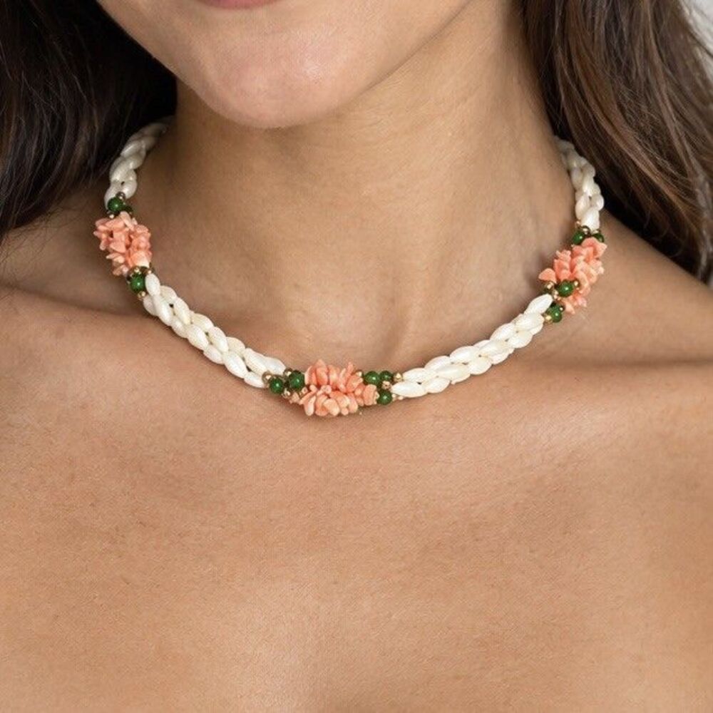 Mother of Pearl, Coral Shell And Jade Twisted Bead Necklace - 16 inch